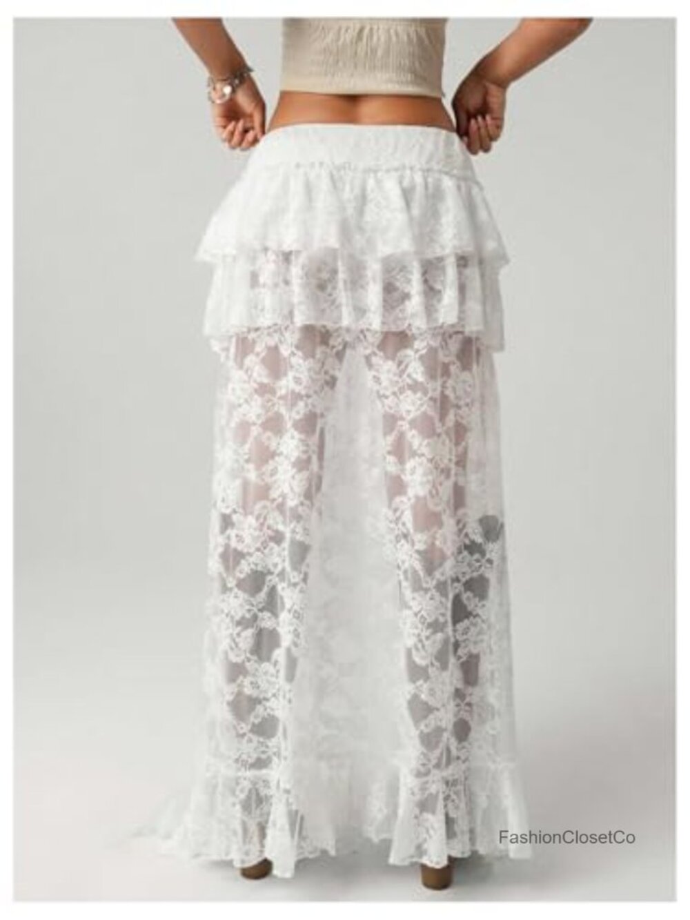 Lace Tiered Ruffle High Low Maxi Skirt Y2k Renaissance Boho Fairy - Picture 4 of 5